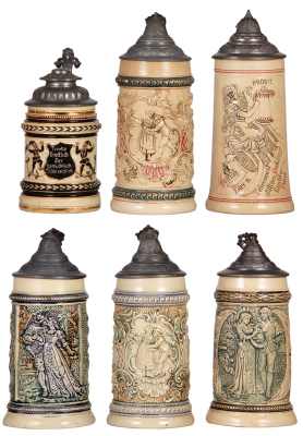 Six Diesinger steins, pottery, .25L, threading; with, .5L, 45, relief, pewter tear; with, .5L, relief; with, .5L, 44, relief; with, .5L, 45, relief, pewter tears; with, .5L, 17, relief, all have pewter lids, unless noted in good condition, overall they lo