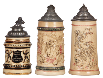 Six Diesinger steins, pottery, .25L, threading; with, .5L, 45, relief, pewter tear; with, .5L, relief; with, .5L, 44, relief; with, .5L, 45, relief, pewter tears; with, .5L, 17, relief, all have pewter lids, unless noted in good condition, overall they lo - 2