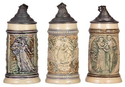 Six Diesinger steins, pottery, .25L, threading; with, .5L, 45, relief, pewter tear; with, .5L, relief; with, .5L, 44, relief; with, .5L, 45, relief, pewter tears; with, .5L, 17, relief, all have pewter lids, unless noted in good condition, overall they lo - 3