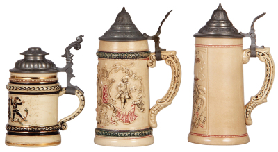 Six Diesinger steins, pottery, .25L, threading; with, .5L, 45, relief, pewter tear; with, .5L, relief; with, .5L, 44, relief; with, .5L, 45, relief, pewter tears; with, .5L, 17, relief, all have pewter lids, unless noted in good condition, overall they lo - 4