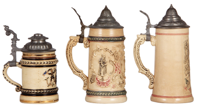 Six Diesinger steins, pottery, .25L, threading; with, .5L, 45, relief, pewter tear; with, .5L, relief; with, .5L, 44, relief; with, .5L, 45, relief, pewter tears; with, .5L, 17, relief, all have pewter lids, unless noted in good condition, overall they lo - 5