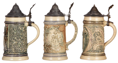 Six Diesinger steins, pottery, .25L, threading; with, .5L, 45, relief, pewter tear; with, .5L, relief; with, .5L, 44, relief; with, .5L, 45, relief, pewter tears; with, .5L, 17, relief, all have pewter lids, unless noted in good condition, overall they lo - 6