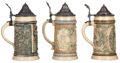 Six Diesinger steins, pottery, .25L, threading; with, .5L, 45, relief, pewter tear; with, .5L, relief; with, .5L, 44, relief; with, .5L, 45, relief, pewter tears; with, .5L, 17, relief, all have pewter lids, unless noted in good condition, overall they lo - 7