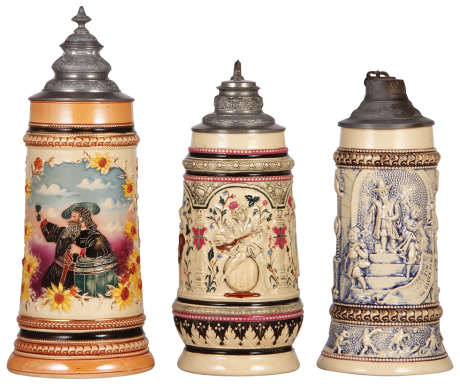 Three Diesinger steins, pottery, 1.0L, threading & relief; with, 1.0L, 1325, relief; with, .5L, 591, relief, drilled for lamp in base and lid, all have pewter lids, unless noted in good condition, overall they look good.