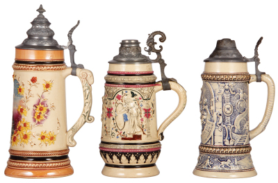 Three Diesinger steins, pottery, 1.0L, threading & relief; with, 1.0L, 1325, relief; with, .5L, 591, relief, drilled for lamp in base and lid, all have pewter lids, unless noted in good condition, overall they look good. - 2