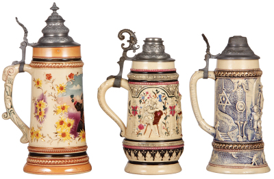 Three Diesinger steins, pottery, 1.0L, threading & relief; with, 1.0L, 1325, relief; with, .5L, 591, relief, drilled for lamp in base and lid, all have pewter lids, unless noted in good condition, overall they look good. - 3