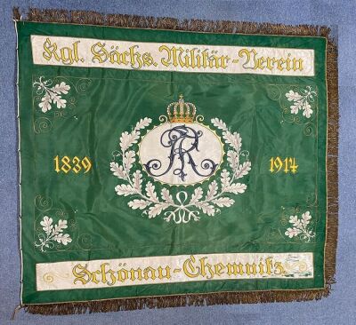 German military embroidered banner, 57.5” x 50.0” plus gold threaded fringe on three sides that is 2.4” wide, kgl. Sächs. Militär – Verein Schönau – Chemnitz, 1839 – 1914, Mit Gott für König u. Vaterland, für Kaiser u. Reich! Sächsen coat-of-arms, AR with