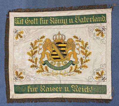 German military embroidered banner, 57.5” x 50.0” plus gold threaded fringe on three sides that is 2.4” wide, kgl. Sächs. Militär – Verein Schönau – Chemnitz, 1839 – 1914, Mit Gott für König u. Vaterland, für Kaiser u. Reich! Sächsen coat-of-arms, AR with - 2