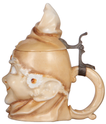 Character stein, .5L, porcelain, marked Musterschutz, by Schierholz, Pixie, good repair of a small chip. - 2