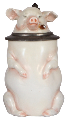 Character stein, .5L, porcelain, marked Musterschutz, by Schierholz, Smoking Pig, popped blister on base edge in rear, mint.