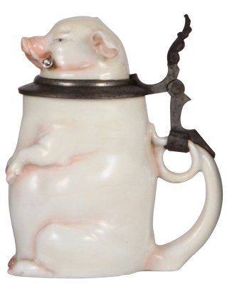 Character stein, .5L, porcelain, marked Musterschutz, by Schierholz, Smoking Pig, popped blister on base edge in rear, mint. - 2