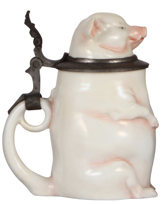 Character stein, .5L, porcelain, marked Musterschutz, by Schierholz, Smoking Pig, popped blister on base edge in rear, mint. - 3
