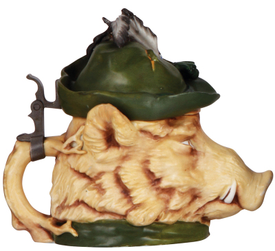 Character stein, .5L, porcelain, marked Musterschutz, by Schierholz, Gentleman Boar, good repairs to chips on rims and hat. - 3