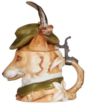 Character stein, .5L, porcelain, marked Musterschutz, by Schierholz, Gentleman Fox, excellent repairs of chips & line on feather. - 2