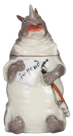 Character stein, .5L, porcelain, marked Musterschutz, by Schierholz, Rhinoceros, excellent repair of ear, body mint.