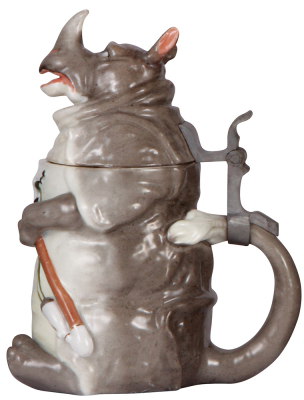 Character stein, .5L, porcelain, marked Musterschutz, by Schierholz, Rhinoceros, excellent repair of ear, body mint. - 2