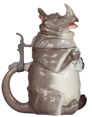 Character stein, .5L, porcelain, marked Musterschutz, by Schierholz, Rhinoceros, excellent repair of ear, body mint. - 3