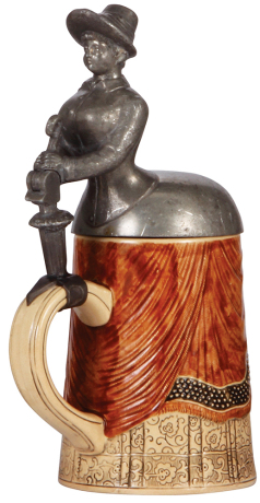 Character stein, .5L, pottery, marked 971, Bustle Lady, pewter marked Gesetzlich Deponirt, pewter strap repaired, pewter scratches.