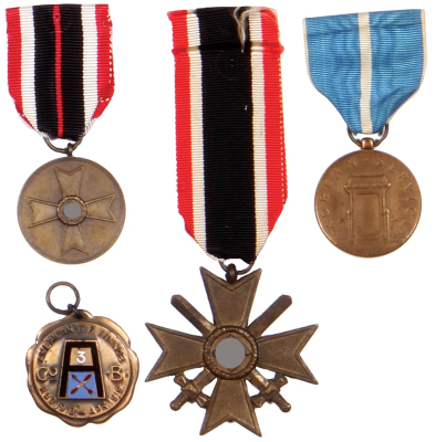 Four medals, two Third Reich War Merit medals, with ribbons, good condition; with, U.S.A Korean Service medal and American E.F. France, 1918 - 1919, Co. B. A DETAILED PHOTO IS AVAILABLE, PLEASE EMAIL YOUR REQUEST.