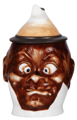 Character stein, .5L, porcelain, by E. Bohne & Söhne, Bug Eyed Man, factory glaze peppering on body, mint.