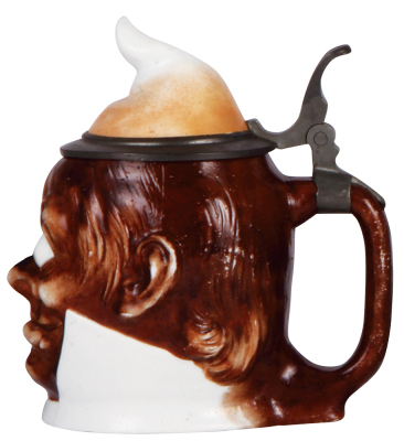 Character stein, .5L, porcelain, by E. Bohne & Söhne, Bug Eyed Man, factory glaze peppering on body, mint. - 2