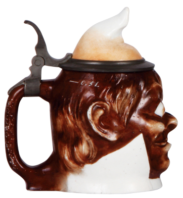 Character stein, .5L, porcelain, by E. Bohne & Söhne, Bug Eyed Man, factory glaze peppering on body, mint. - 3