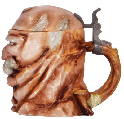 Character stein, .5L, porcelain, marked Musterschutz, by Schierholz, Old Man, hairline on rear of lid, owner I.D. on hinge. - 2