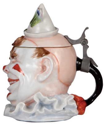 Character stein, .5L, porcelain, marked Musterschutz, by Schierholz, Clown, good repairs of chip & hairline on lid & small chip in rear. - 2