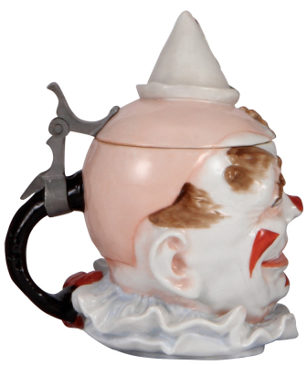 Character stein, .5L, porcelain, marked Musterschutz, by Schierholz, Clown, good repairs of chip & hairline on lid & small chip in rear. - 3