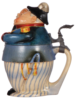 Character stein, .5L, pottery, marked Gerz, 1303, Soldier, excellent repair of chips on lid. - 2