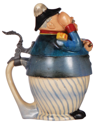 Character stein, .5L, pottery, marked Gerz, 1303, Soldier, excellent repair of chips on lid. - 3