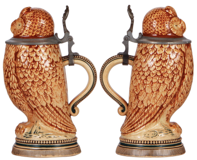 Character stein, .5L, pottery, marked M. & W. Gr., Owl, excellent repair of small pewter tear, otherwise mint. - 2