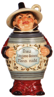 Character stein, .5L, pottery, marked 622, Funnel Man, inlaid lid, mint.