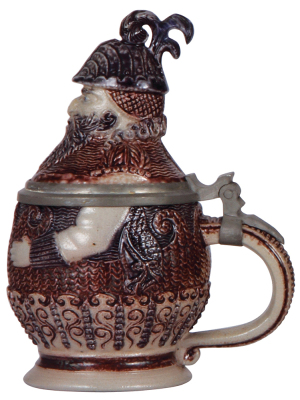 Character stein, .5L, stoneware, marked 223, probably made by Hauber & Reuther, Knight, purple saltglaze, excellent repair of chip on lid. - 2