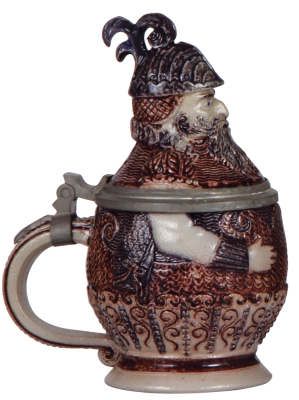 Character stein, .5L, stoneware, marked 223, probably made by Hauber & Reuther, Knight, purple saltglaze, excellent repair of chip on lid. - 3