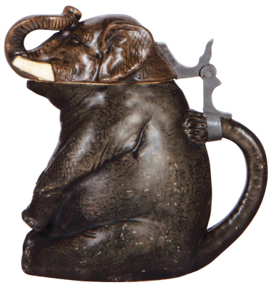 Character stein, .5L, pottery, marked 1447, Elephant, by Reinhold Hanke, small factory firing line on lid, mint. - 2