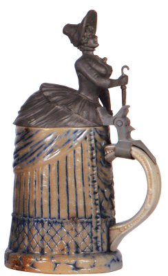 Character stein, .5L, stoneware, marked H.R., by Hauber & Reuther, Bustle Lady, chip on base. - 4