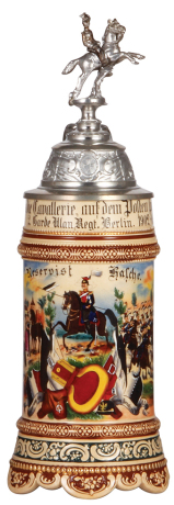 Regimental stein, .5L, 12.3" ht., pottery, 1. Esk., 2. Garde Ulan Regt., Berlin, 1902 - 1905, two side scenes, roster, eagle thumblift, named to: Reservist Hasche, mint.