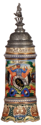 Regimental stein, .5L, 12.5" ht., pottery, 4. Esc., Husaren Regt. Nr. 9, Strassburg i./Els., 1905 - 1908, two side scenes, roster, eagle thumblift, named to: Hus. Eggermann, excellent repair of pewter tear, body mint.