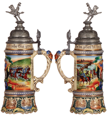 Regimental stein, .5L, 12.5" ht., pottery, 4. Esc., Husaren Regt. Nr. 9, Strassburg i./Els., 1905 - 1908, two side scenes, roster, eagle thumblift, named to: Hus. Eggermann, excellent repair of pewter tear, body mint. - 2