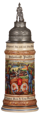 Regimental stein, .5L, 12.2" ht., pottery, 3. Comp., bayr. Inft. Regt. Nr. 9, Würzburg, 1909 - 1911, four side scenes, roster, lion thumblift, named to: Infanterist Dröstler, worn roster.