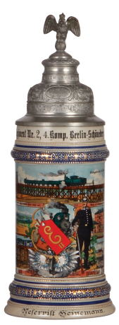 Regimental stein, .5L, 11.3" ht., stoneware, 4. Komp., Eisenbahn Regt. Nr. 2, Berlin - Schöneberg, 1906 - 1908, six side scenes, roster, gargoyle thumblift, named to: Reservist Heinemann, mint. 