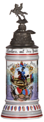 Regimental stein, .5L, 11.4" ht., porcelain, 2. Esk., Drag. Regiment Nr. 19, Oldenburg, 1896 - 1899, two side scene, roster, eagle thumblift, named to: Reserv. Pielstik, mint.