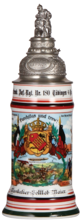 Regimental stein, .5L, 11.8" ht., porcelain, 4. Comp. Infantry Regt. Nr. 180, Tübingen, 1908 - 1910, four side scene, unusual occupational side scene, roster, Württemberg thumblift, named to: Musketier Gottlob Maier, mint.