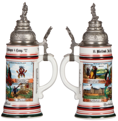 Regimental stein, .5L, 11.8" ht., porcelain, 4. Comp. Infantry Regt. Nr. 180, Tübingen, 1908 - 1910, four side scene, unusual occupational side scene, roster, Württemberg thumblift, named to: Musketier Gottlob Maier, mint. - 2