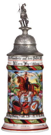 Regimental stein, .5L, 11.5" ht., porcelain, 5. Eskr., Ulan Regt. Nr. 19, Wiblingen, 1908 - 1911, four side scenes, roster, sparrow thumblift, named to: Ulan Frischling, mint.