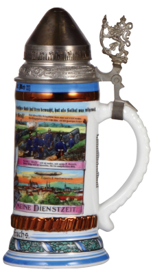 Regimental stein, .5L, 10.0'' ht., porcelain, 7. Battr., bayr. 2. Fuss Artl. Regt., Metz, 1911 - 1913, four side scenes, roster, lion thumblift, named to: Reservist Wilh. Fuchs, screw-off lid with relief pewter scene underneath, mint. - 2