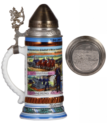 Regimental stein, .5L, 10.0'' ht., porcelain, 7. Battr., bayr. 2. Fuss Artl. Regt., Metz, 1911 - 1913, four side scenes, roster, lion thumblift, named to: Reservist Wilh. Fuchs, screw-off lid with relief pewter scene underneath, mint. - 3