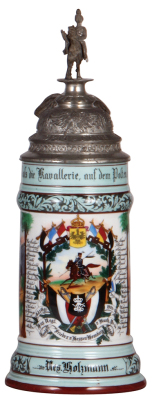 Regimental stein, .5L, 11.4" ht., porcelain, 3. Esk., Husaren Regt. Nr. 14, Cassel, 1901 - 1904, two side scenes, roster, eagle thumblift, named to: Res. Holzmann, faint lithophane lines, small pewter tear repaired.