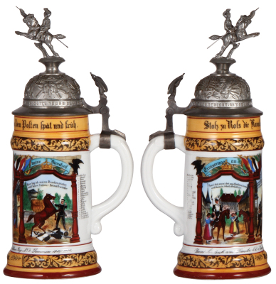 Regimental stein, .5L, 11.5" ht., porcelain, 4. Esk., Ulanen Regt. Nr. 9, Demmin, 1901 - 1904, two side scenes, roster, eagle thumblift, named to: Res. Kuhn, rare unit, pewter tear on pedestal of finial, roster wear. - 2